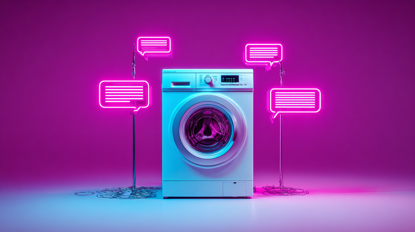 Eine Waschmaschine, umgeben von Neonschildern in Sprechblasenform